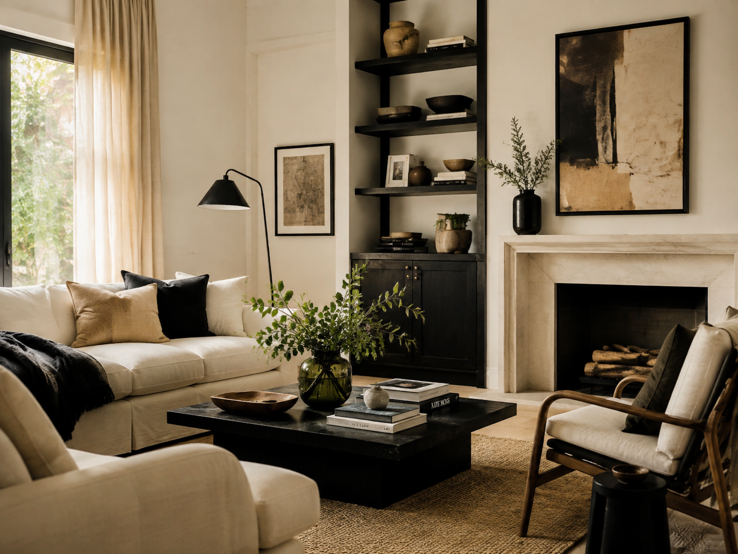 Elegantly styled living room with coordinated colours and furnishings