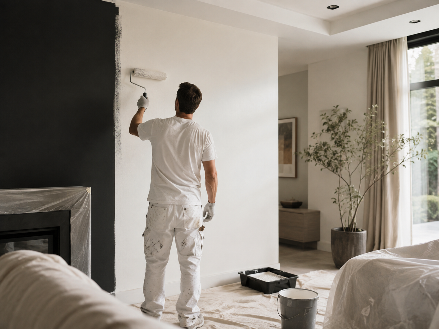 Professional painter applying a smooth finish to an interior wall